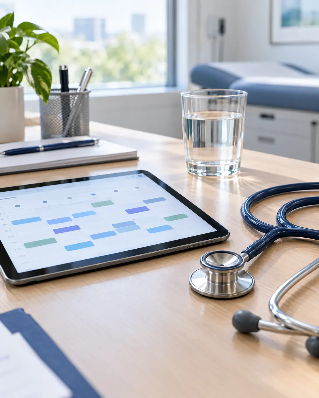 Doctor's desk with a tablet and a stethoscope