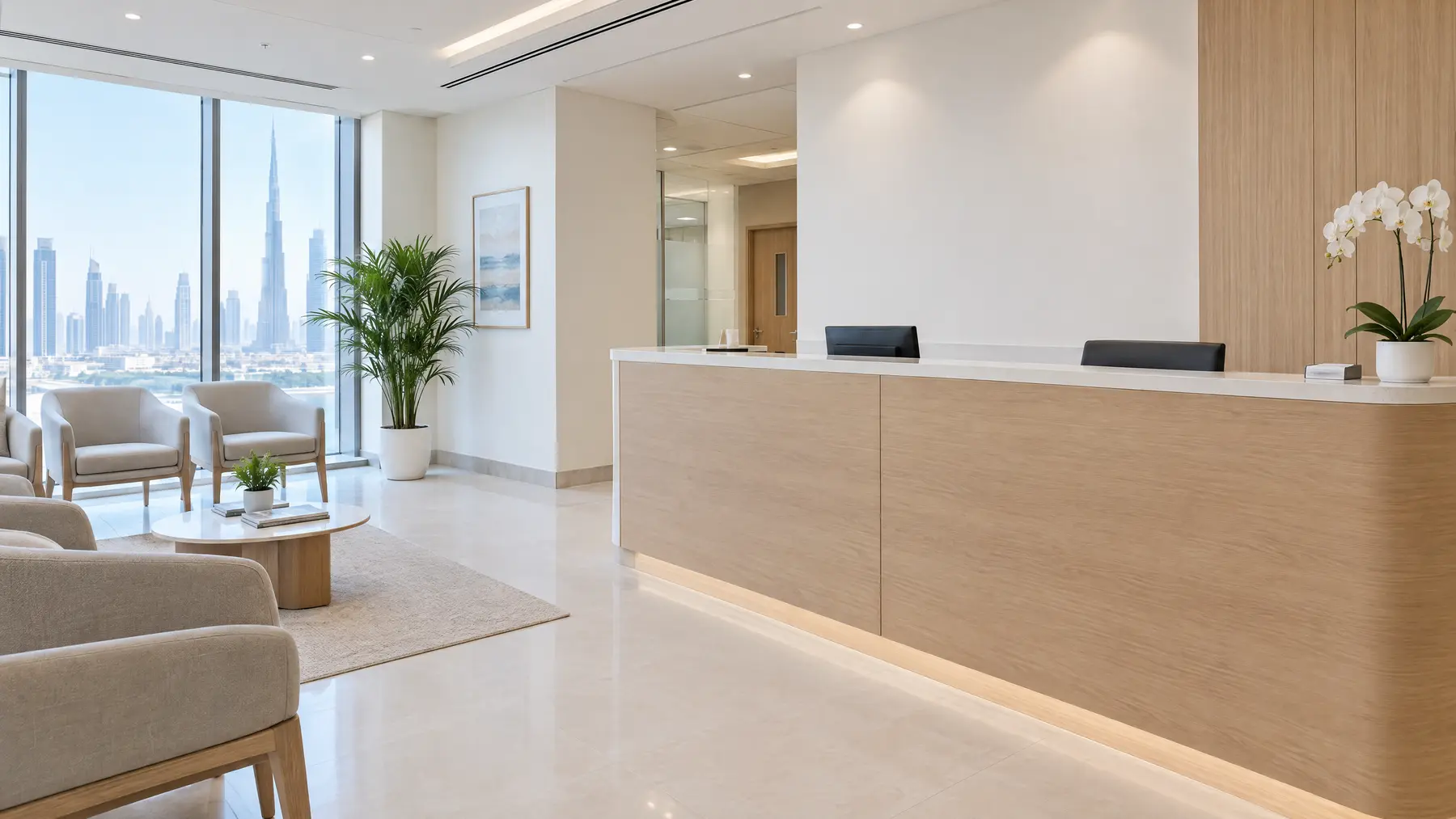 Bright clinic reception with light wood