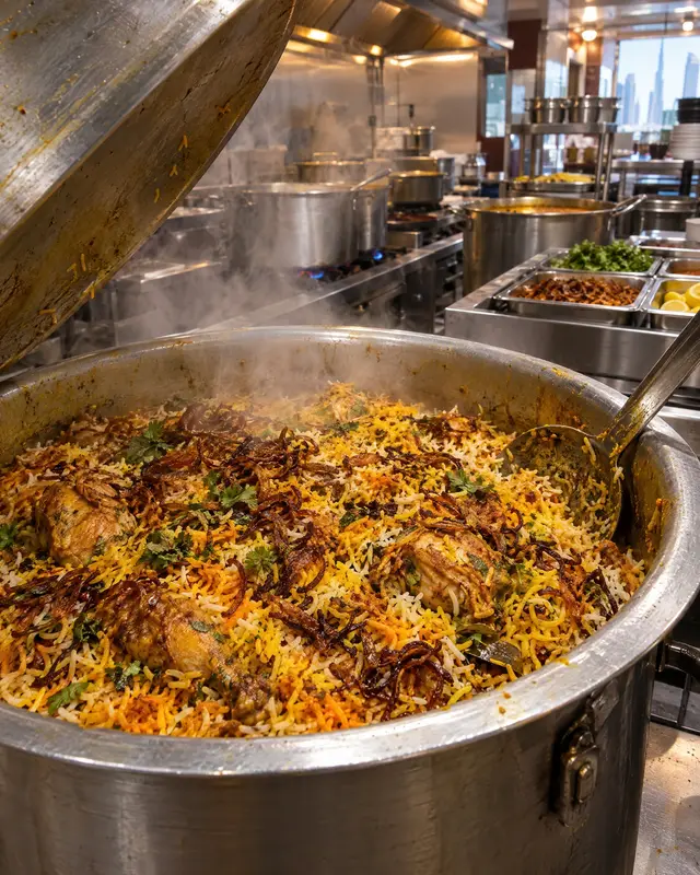 Large pot of chicken biryani with the lid lifted