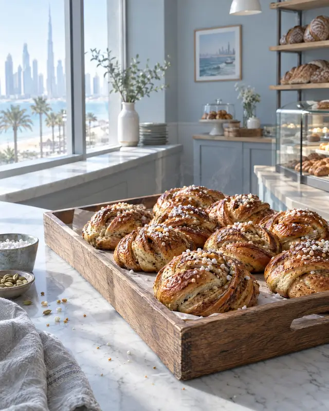Tray of fresh cardamom buns on a marble counter