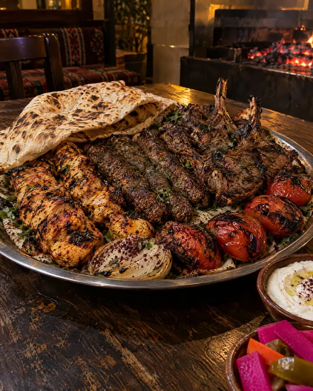 Mixed grill platter with flatbread