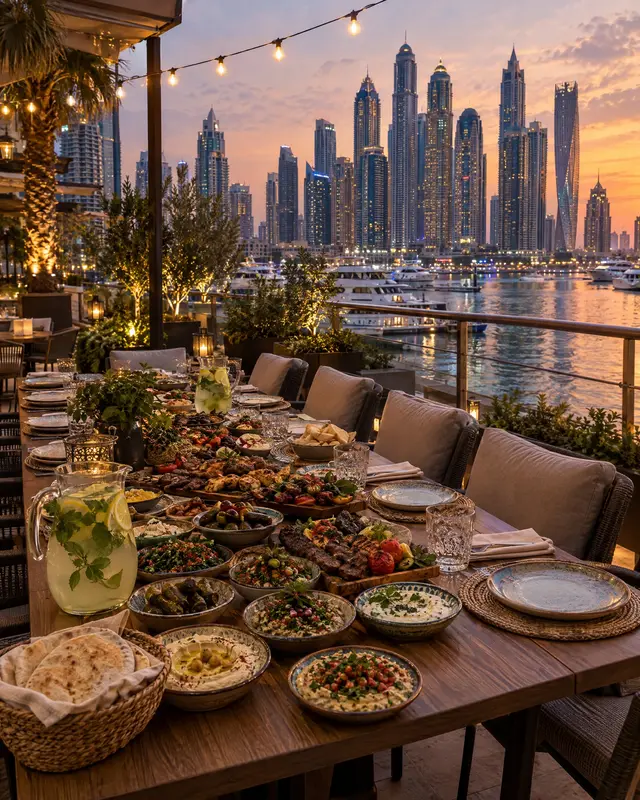 Long table with mezze and grilled meat on a terrace at dusk
