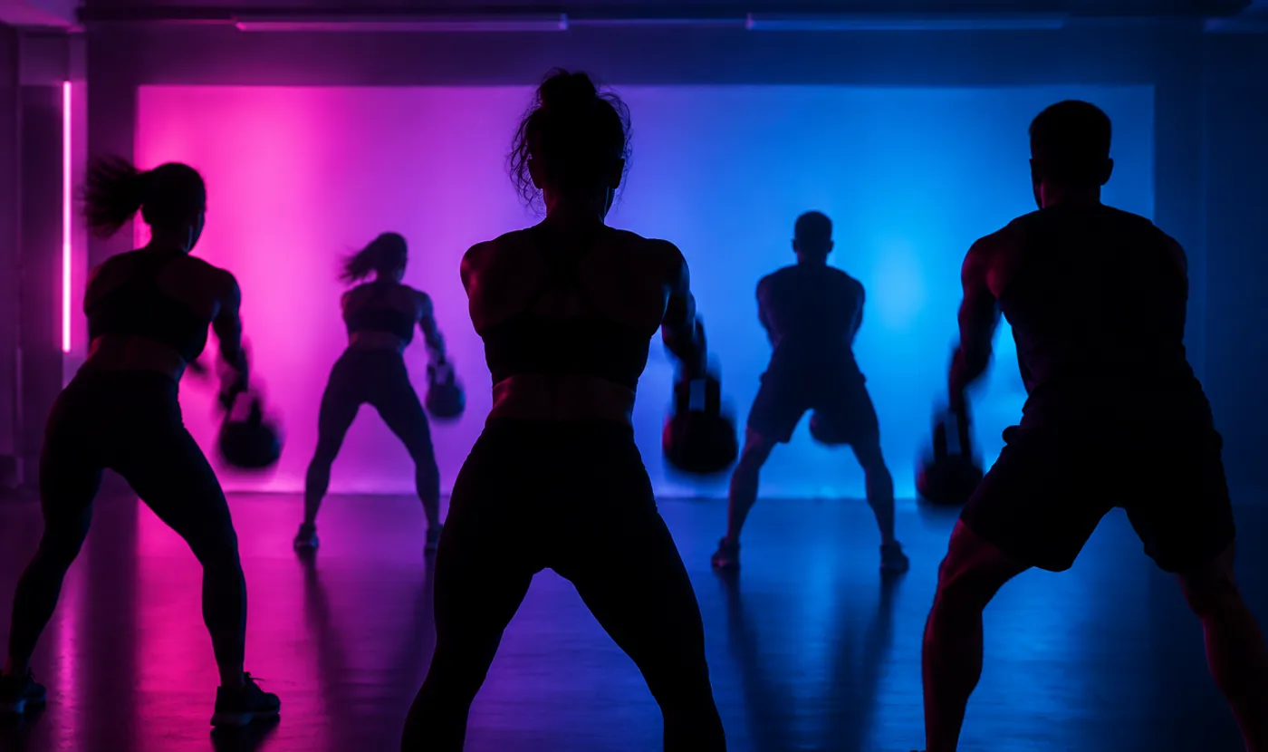 Group class in silhouette in front of a coloured light wall