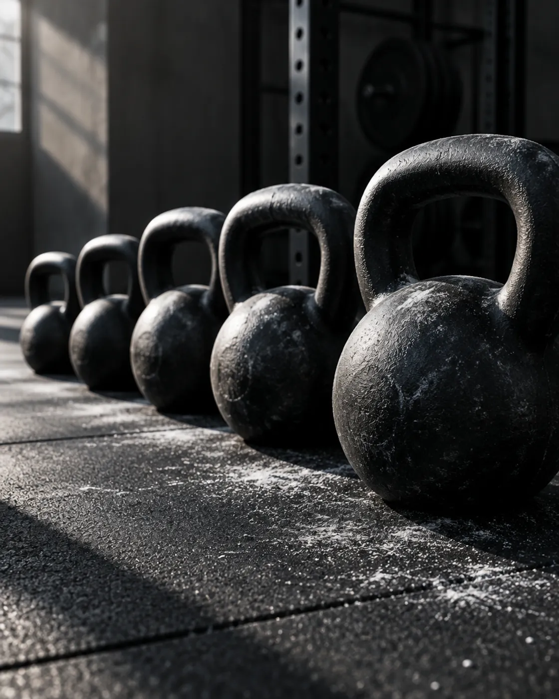 Row of kettlebells on a rubber floor