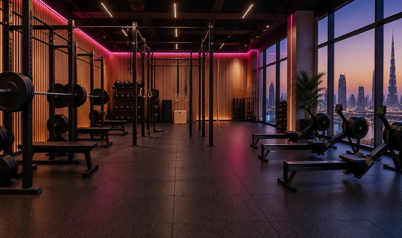 Boutique gym with squat racks and a neon light strip