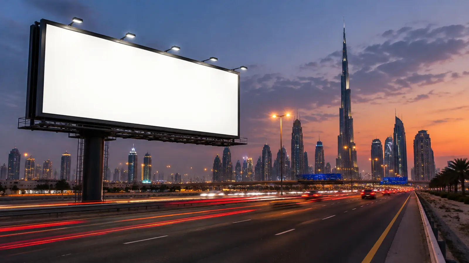 A large blank illuminated billboard at dusk over a multi-lane Dubai highway with light trails