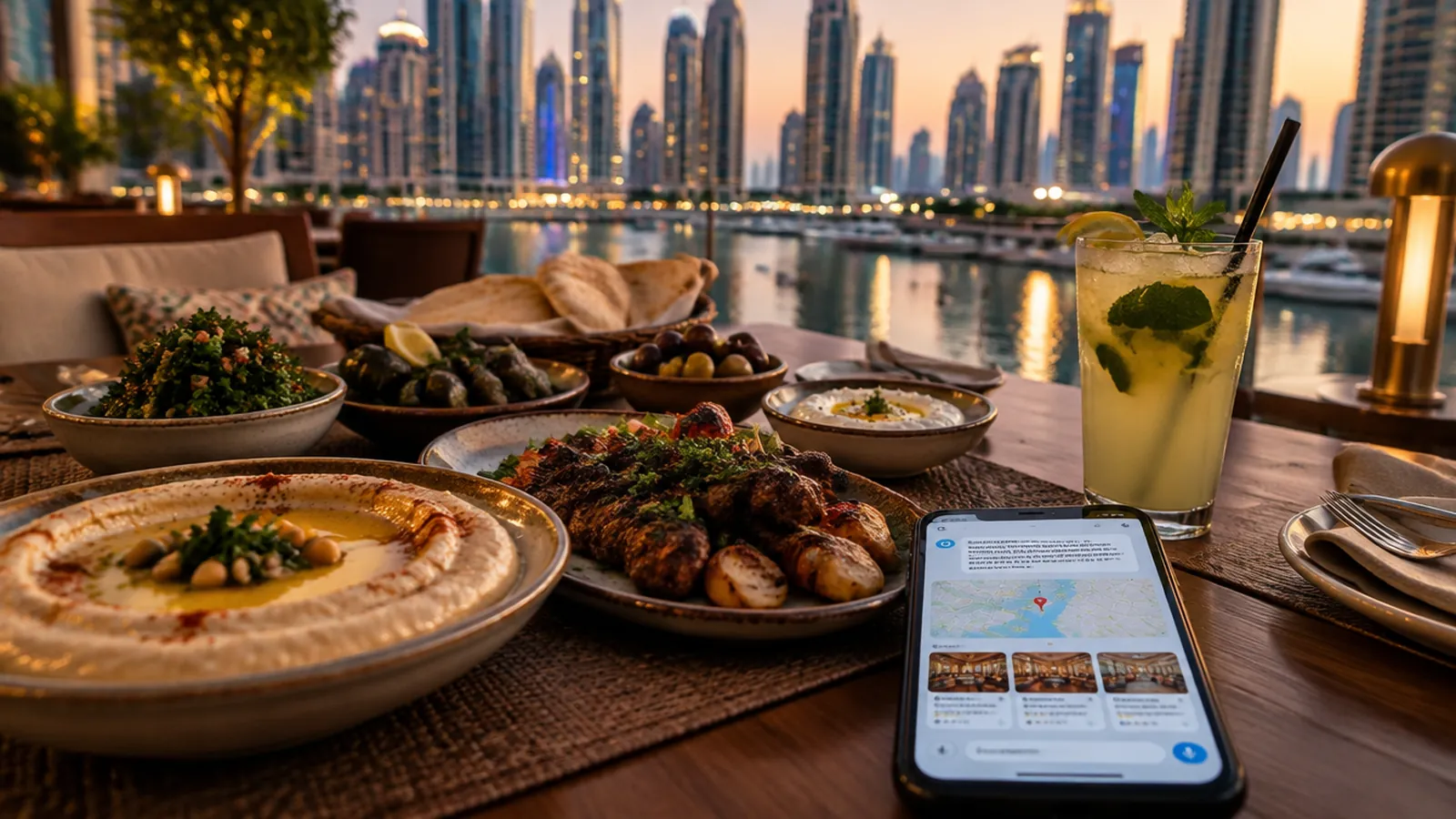 A restaurant table in Dubai with mezze, grilled meat and lemon mint juice, and a phone showing an AI chat answer with a map