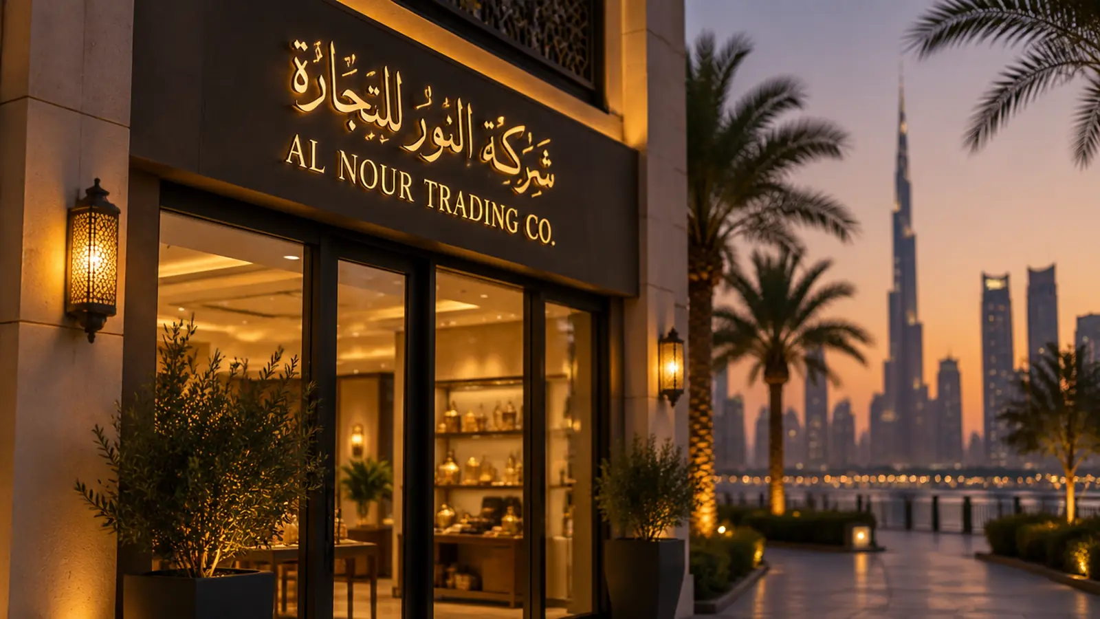 A shop front at dusk in Dubai with a sign in Arabic calligraphy above English lettering