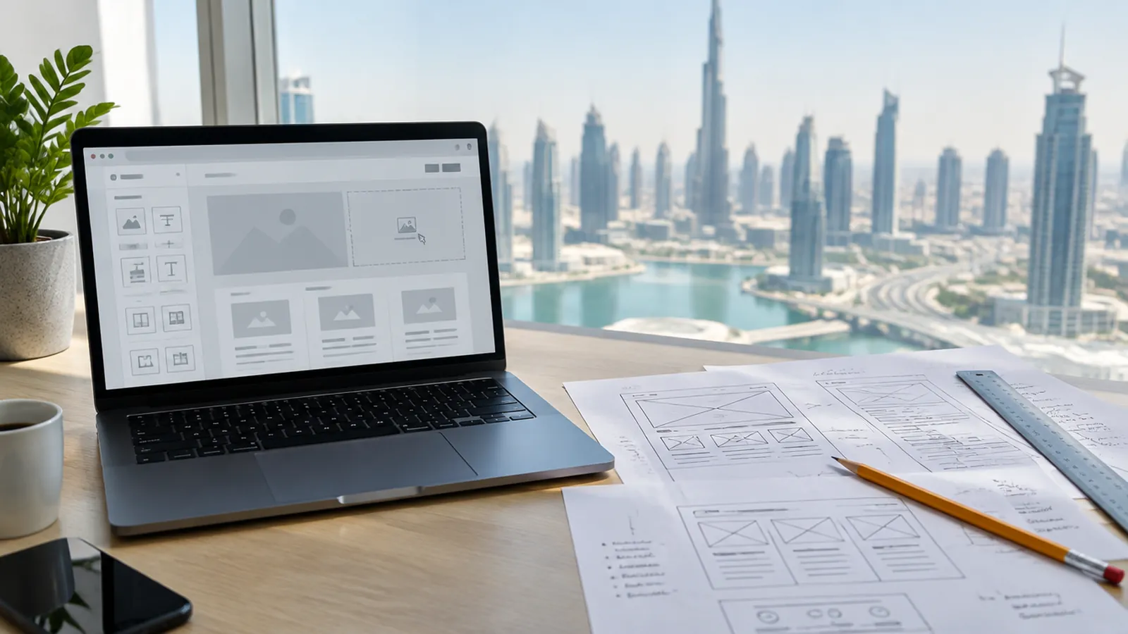 A laptop with a drag-and-drop website builder beside printed wireframes of a company website on a desk overlooking Dubai