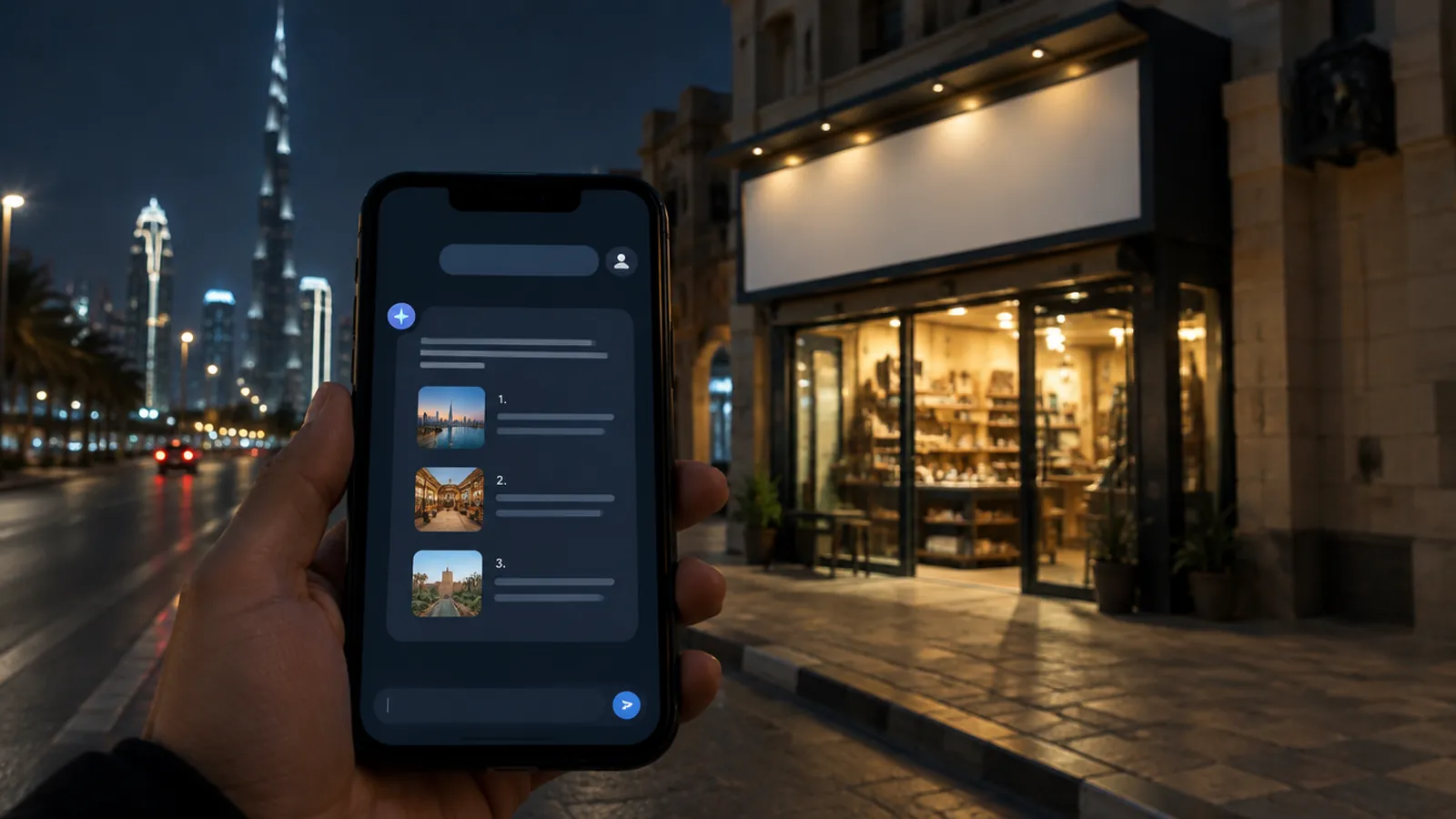 A hand holding a smartphone with an AI chat answer listing three places, a small lit shop on a Dubai street at night behind it
