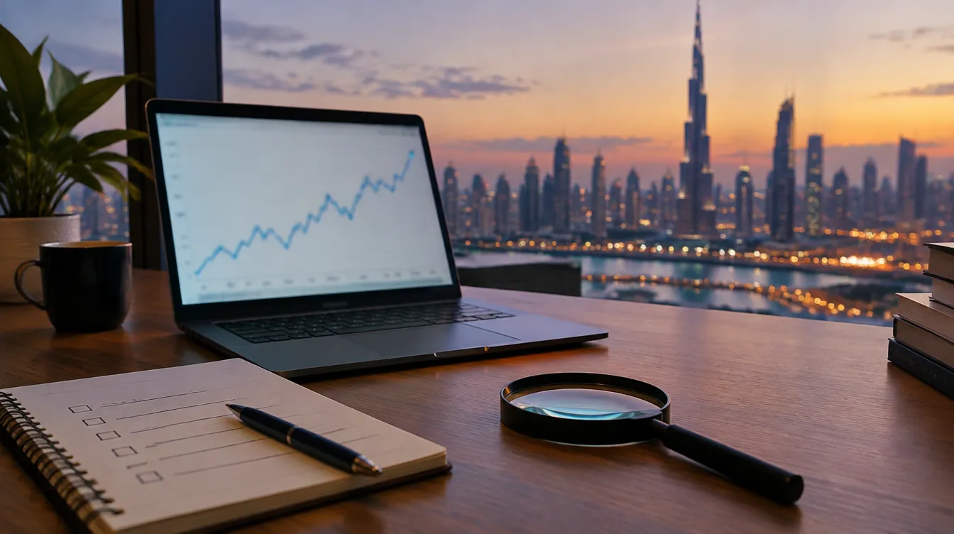 A laptop with a blurred rising line chart on a desk with a handwritten checklist and a magnifying glass, Dubai skyline behind