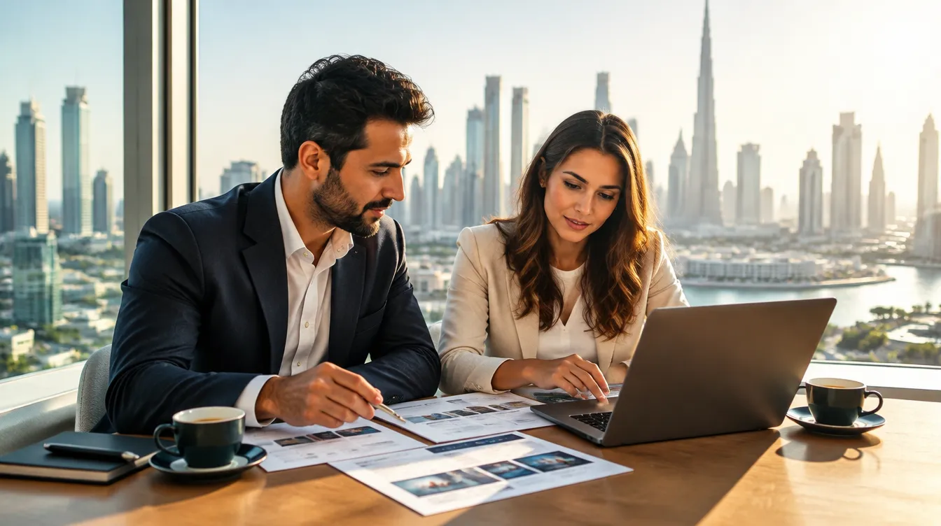 Two business owners at a table in a Dubai office reviewing printed website layouts next to a laptop
