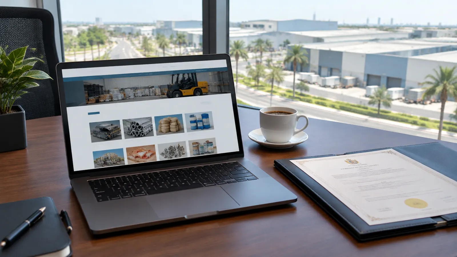 A free zone office in the UAE with a laptop showing a supplier website and a folder with a trade licence on the desk