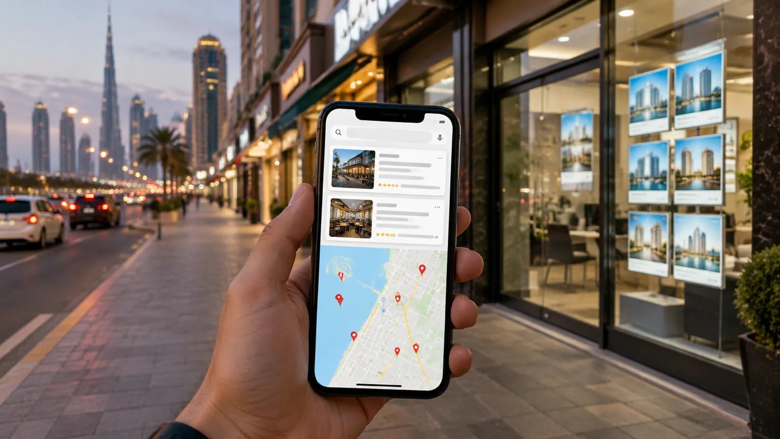 A hand holding a smartphone on a Dubai street with sponsored search results and a map, a row of shops and a real estate agency behind