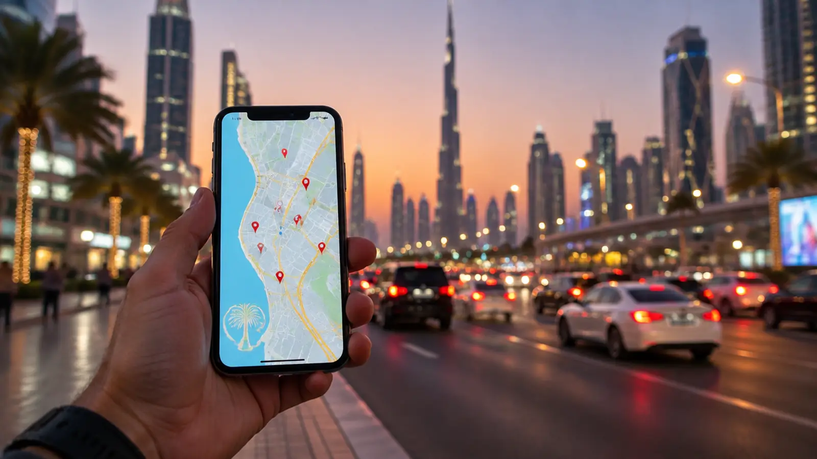 A hand holding a smartphone with a map and location pins on a Dubai street at dusk