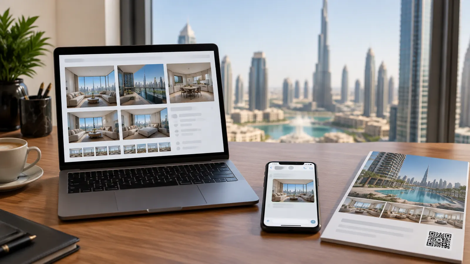 A desk in a Dubai office with a laptop showing a grid of apartment photos, a phone with the same apartment in a chat and a printed brochure with a QR code, Burj Khalifa behind the window