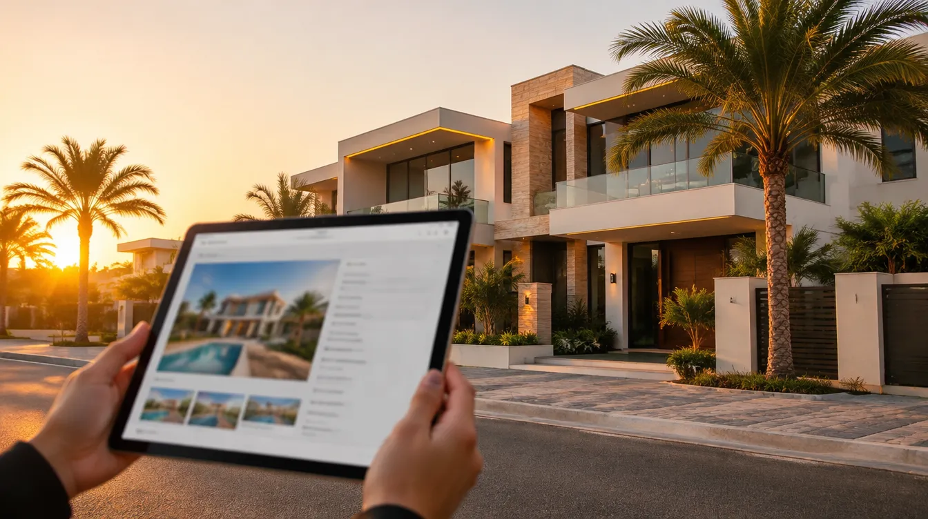 A Dubai villa at golden hour with a tablet in the foreground showing a blurred property listing