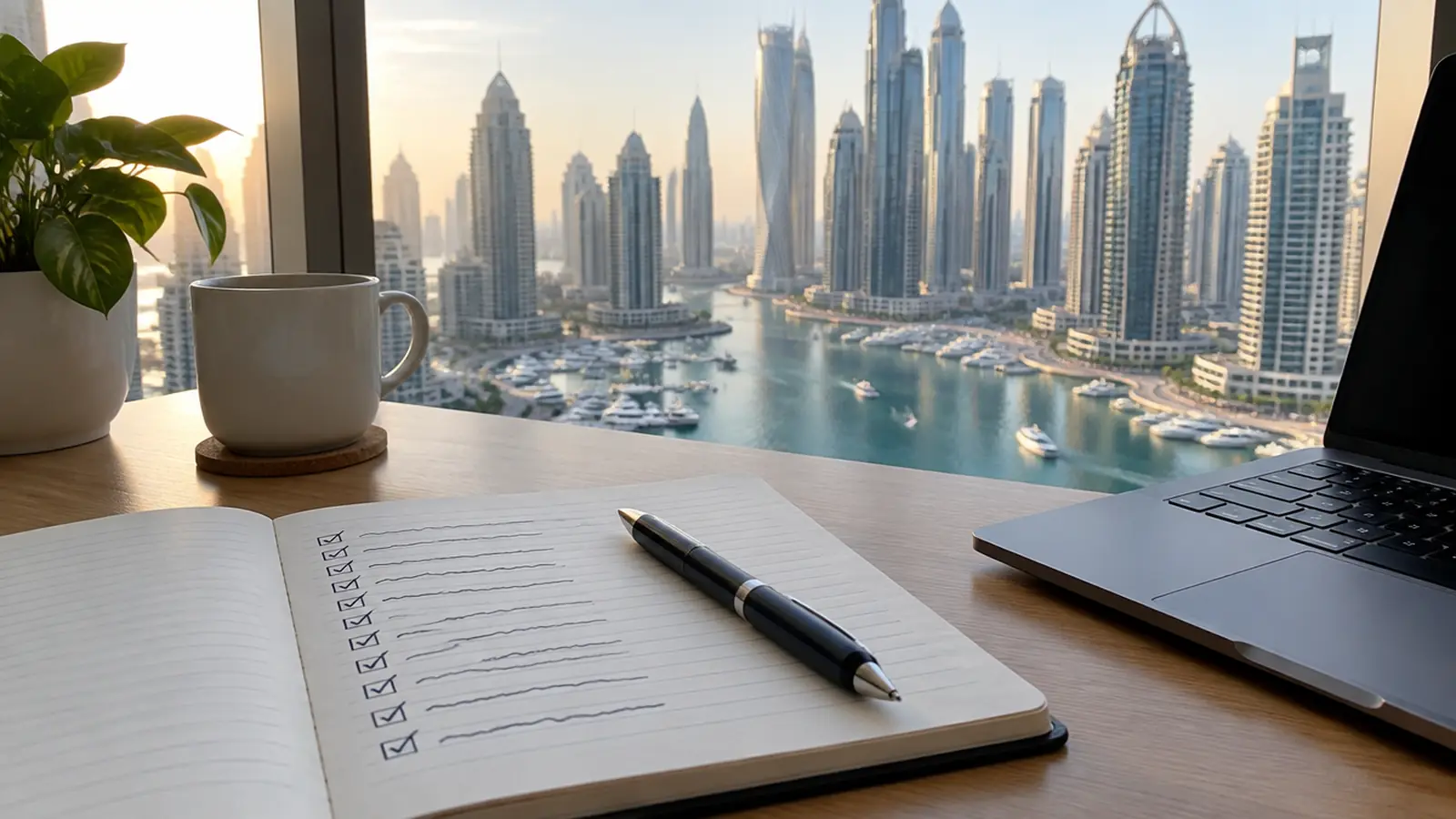 An open notebook with a handwritten checklist and a pen beside a laptop, Dubai Marina towers through the window
