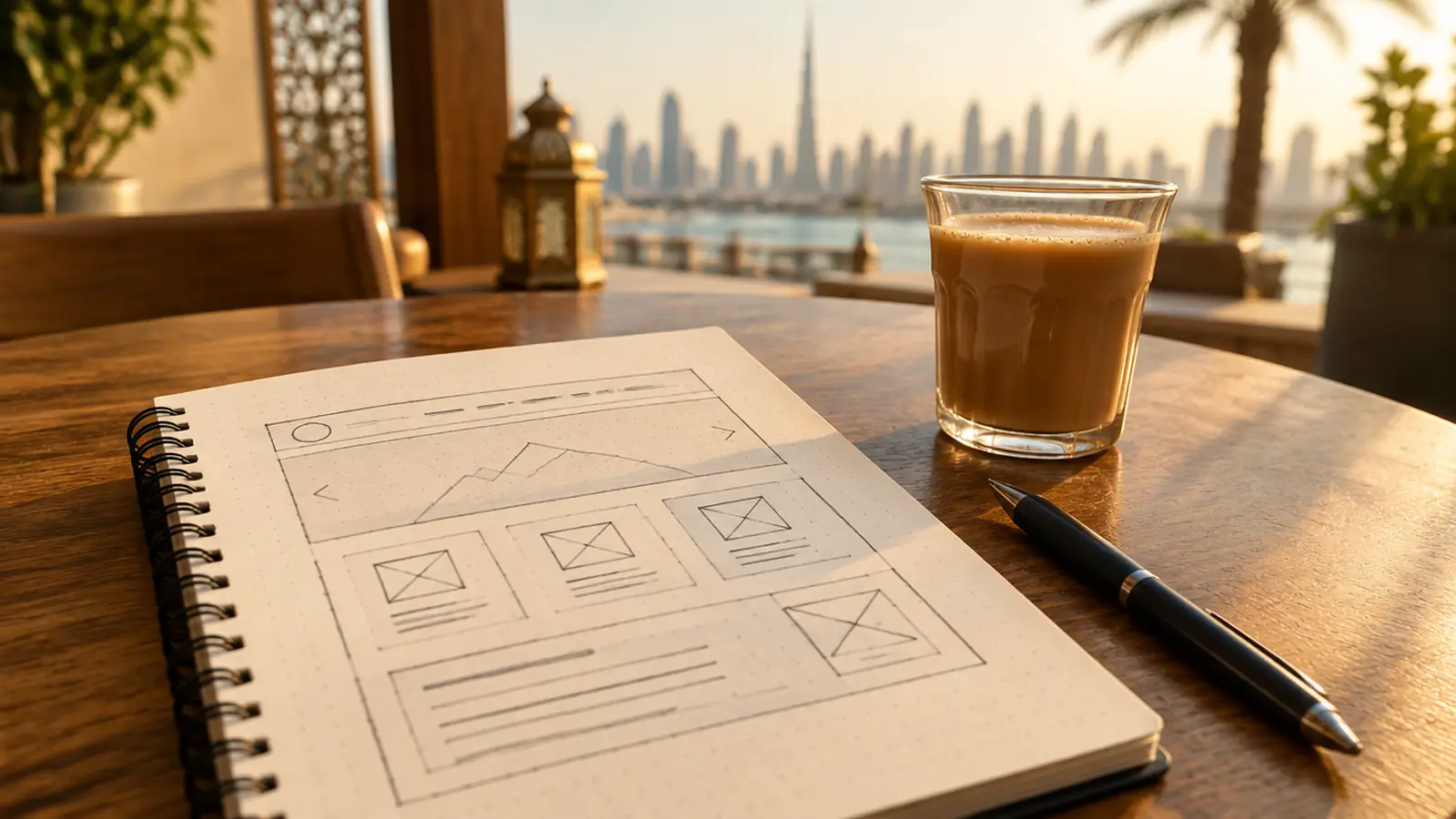 A notebook with a hand-drawn website wireframe next to a glass of karak chai on a cafe table