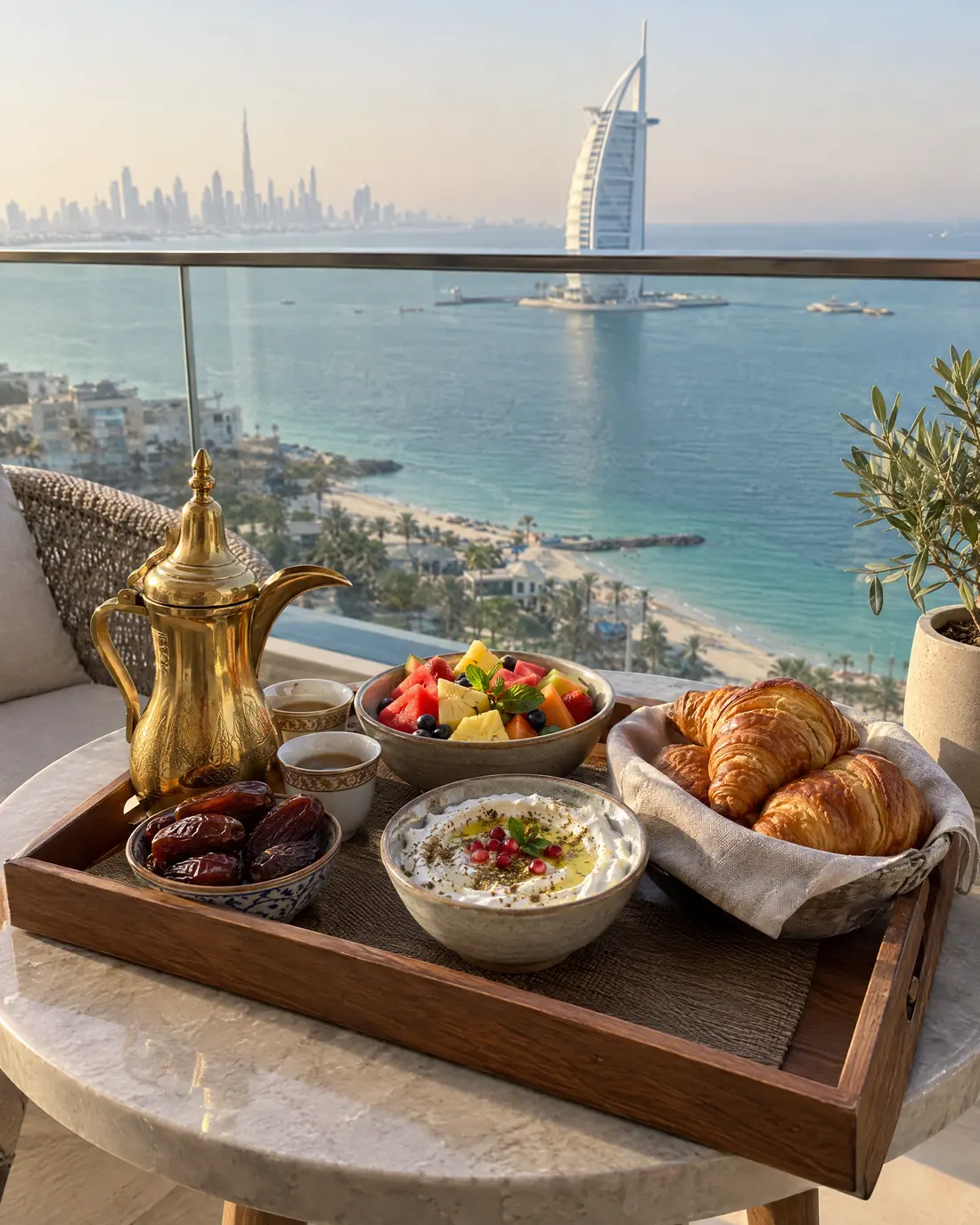 Breakfast tray on a balcony with a sea view