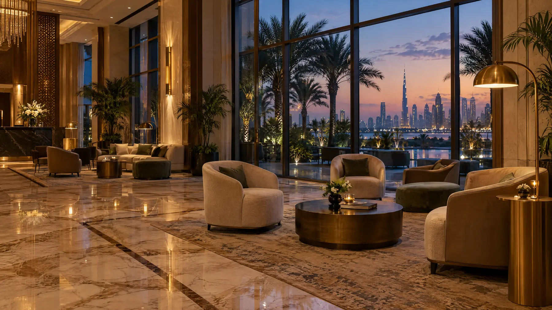 Hotel lobby with marble floor at dusk