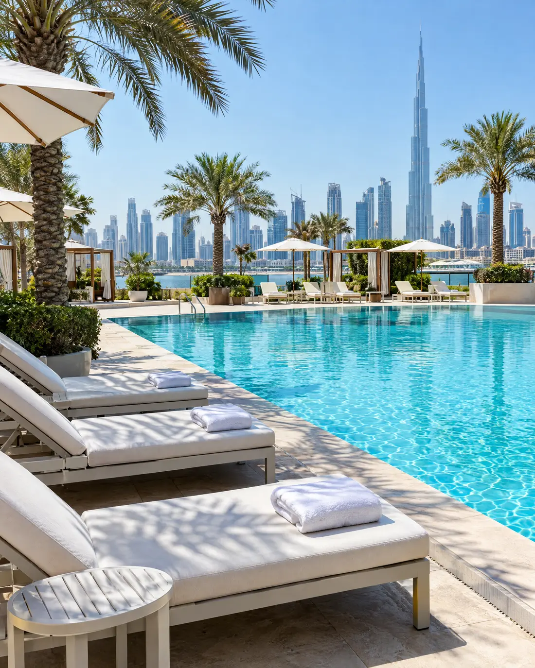 Pool deck with white loungers