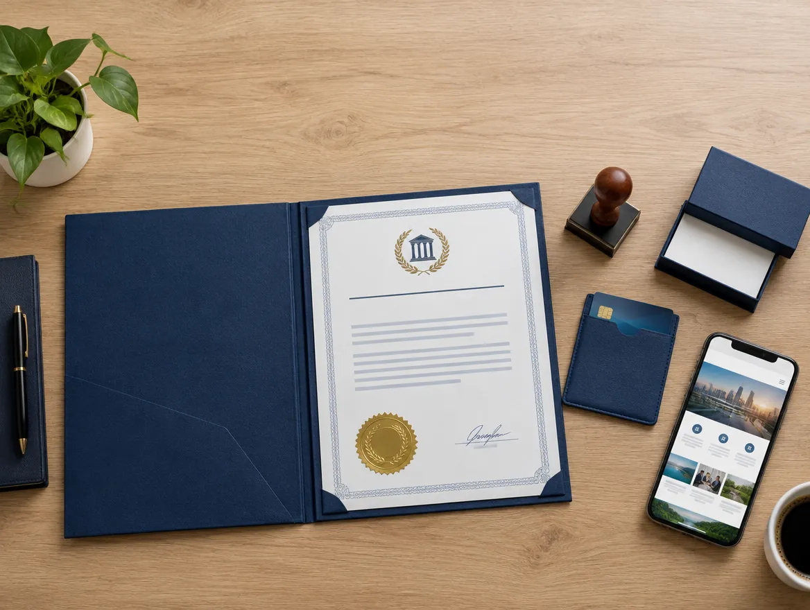 An open folder with a trade licence certificate, a company stamp, a bank card and a phone showing a new company website on a desk