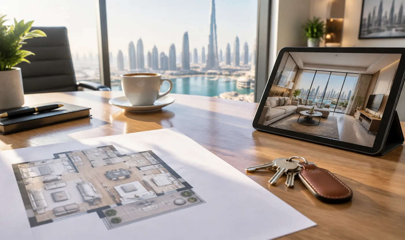 Floor plan, keys and a tablet on an agent's desk