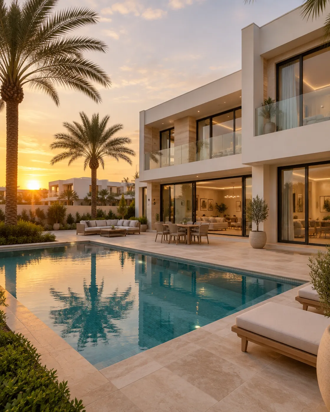 White villa with a private pool at sunset