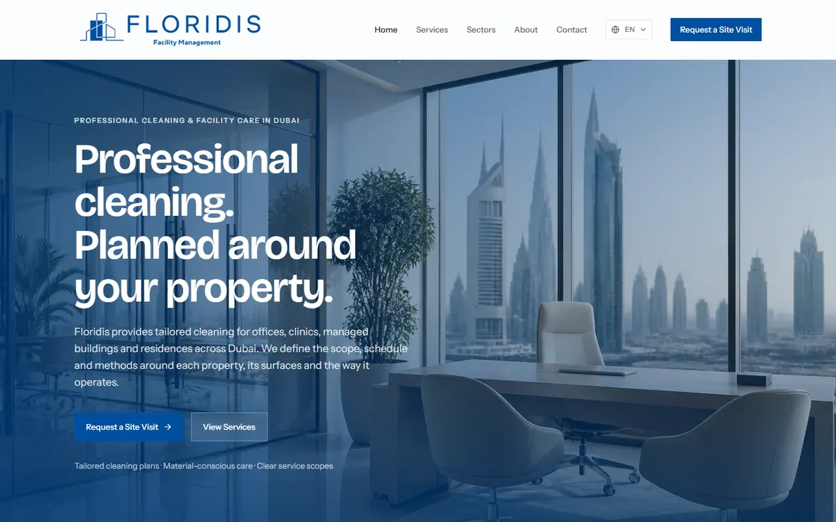 The Floridis Dubai website on a computer