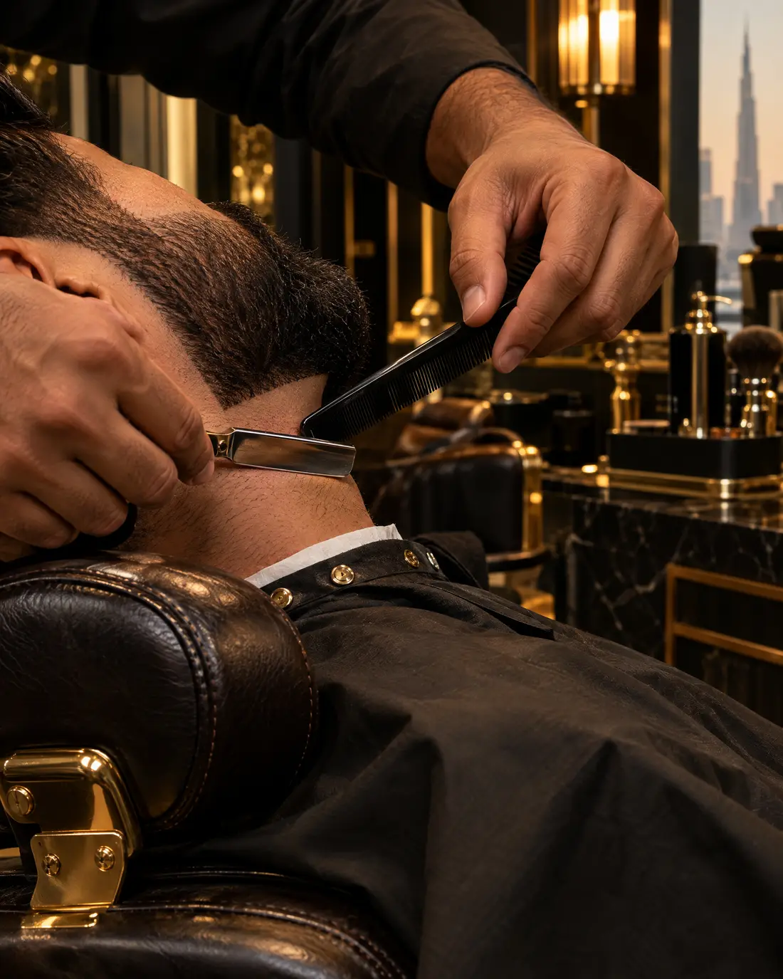 Barber shaping a beard with a razor