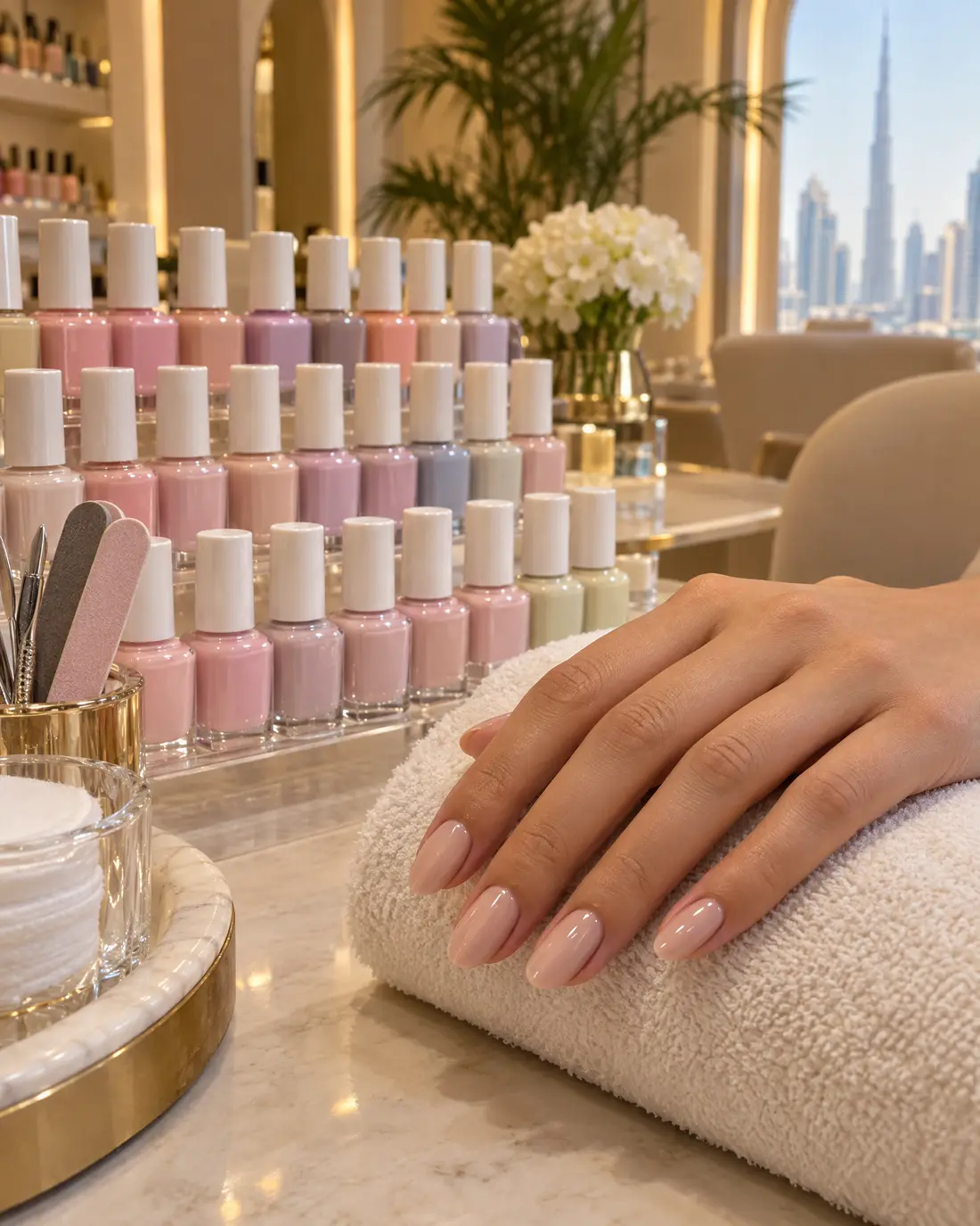 Manicure station with rows of nail polish