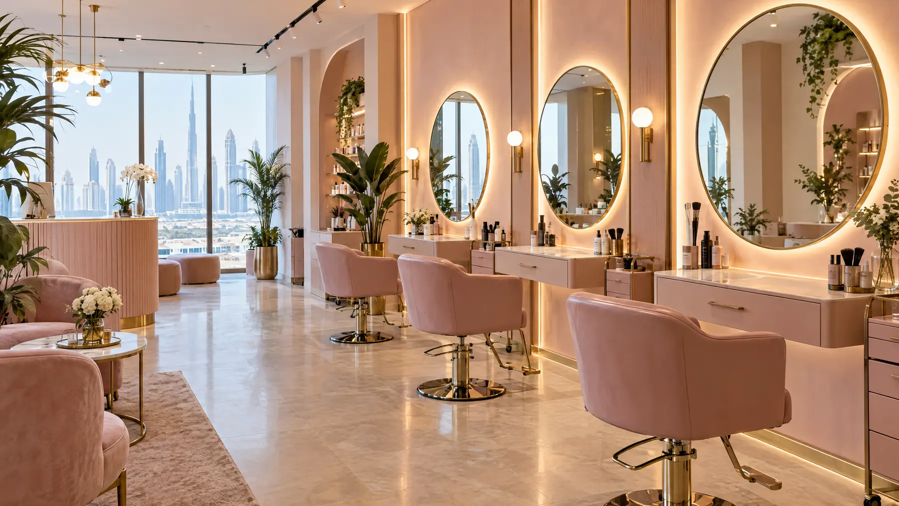 Salon with round mirrors and blush tones